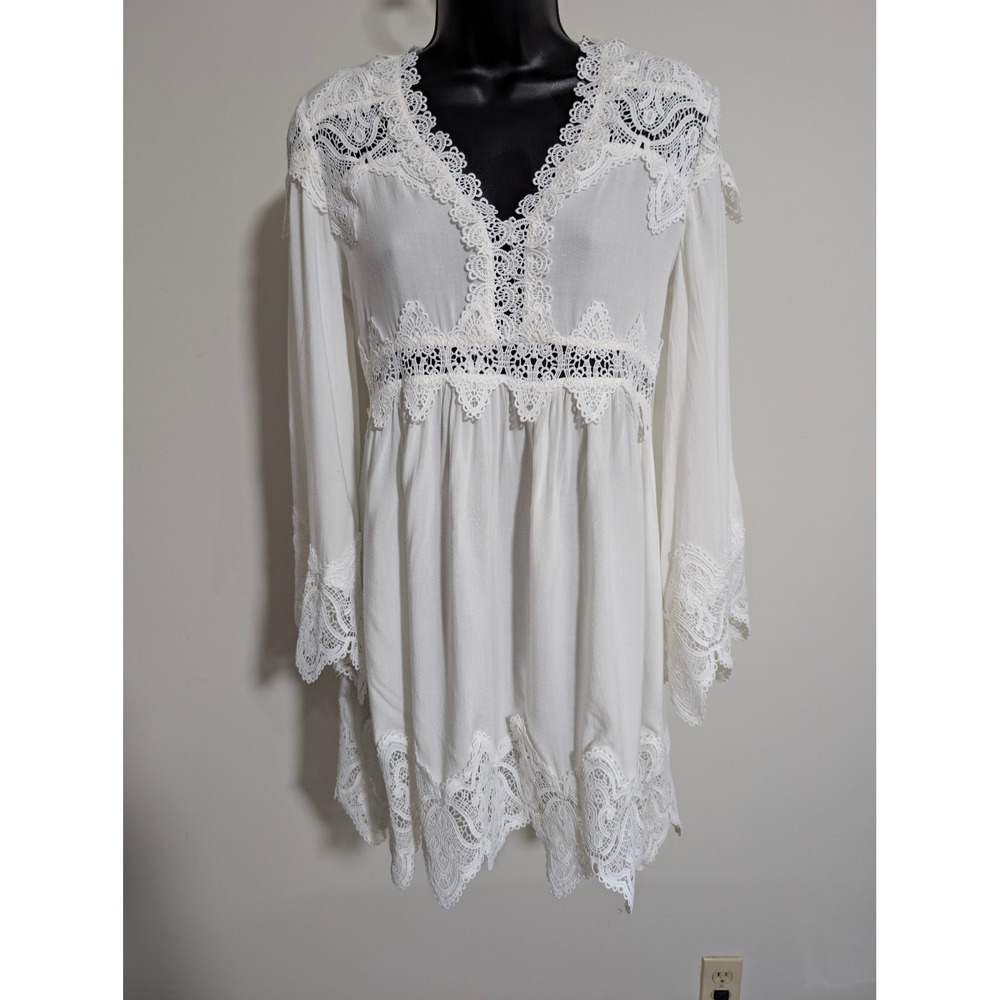 Southern Fried Chics White Lace Trim Bell Sleeve Dress Boho Western Small